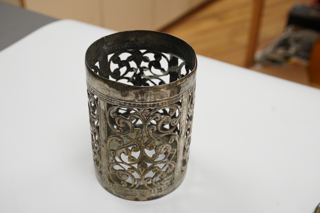 A collection of silver and white metal items, to include a cigarette box, a/f, a German dwarf candlestick, a cased spoon and pusher, etc.